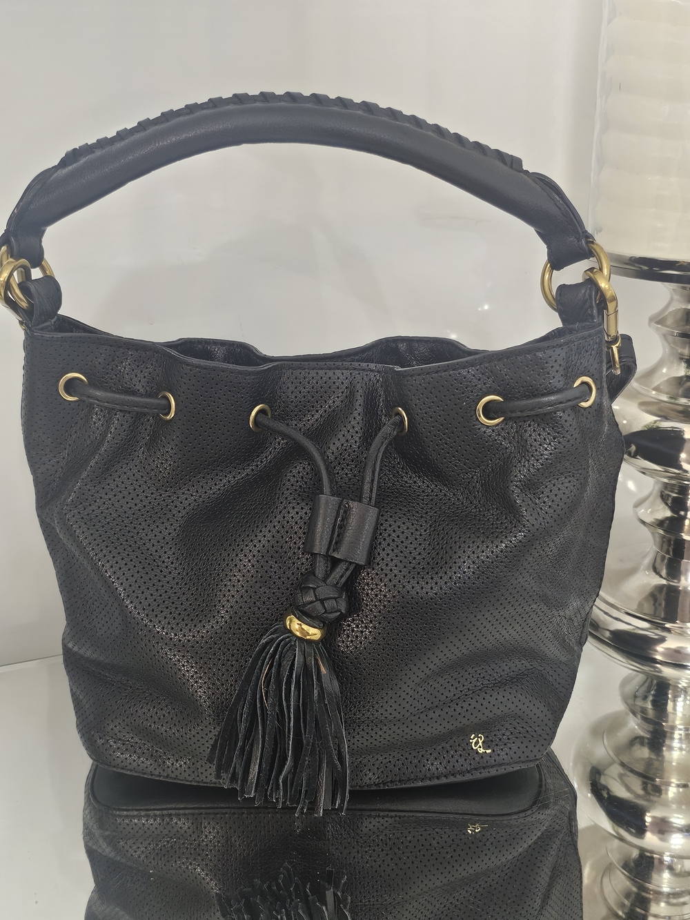Elliott Lucca Black Perforated Leather Tassel Hobo